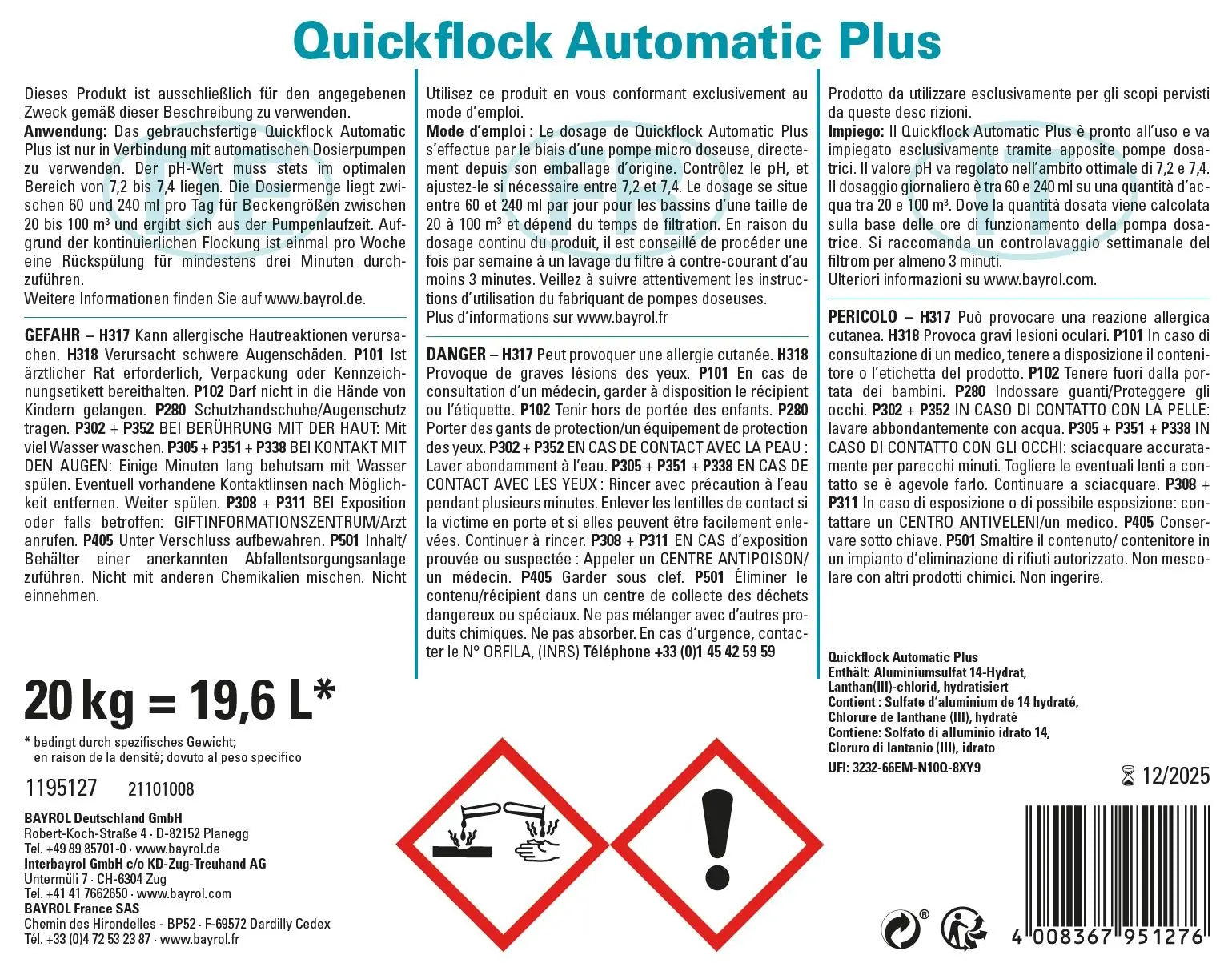 Bayrol Quickflock Automatic Plus 20 l / 20.4 kg - Pool Me Up