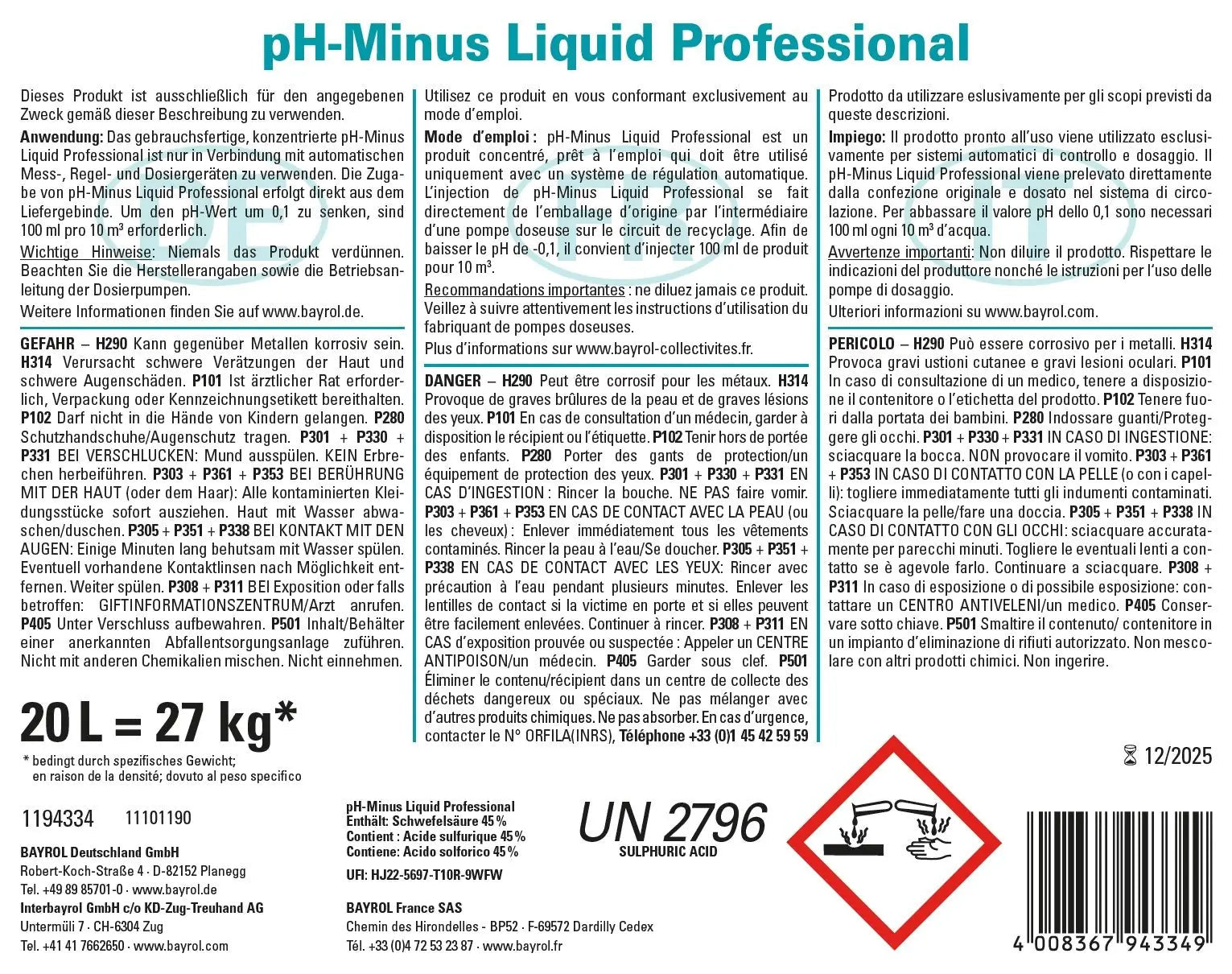Bayrol pH - Minus liquid Professional 20 l / 27 kg - 022002 - 4008367943349 - Pool Me Up