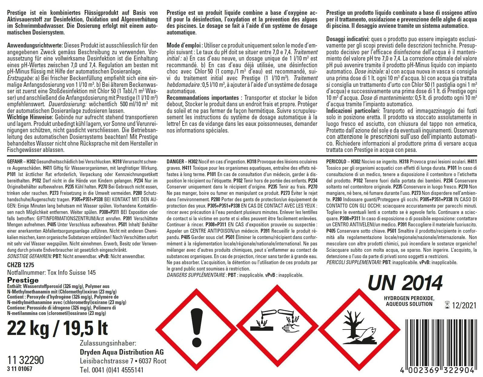 Prestige flüssig 19.5 l / 22 kg Flüssigsauerstoff - 022011 - 4002369322904 - Pool Me Up