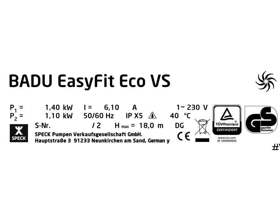 Speck Badu Easyfit VS Pumpe 1,10kW 230V - 033250 - 0002076261138 - Pool Me Up