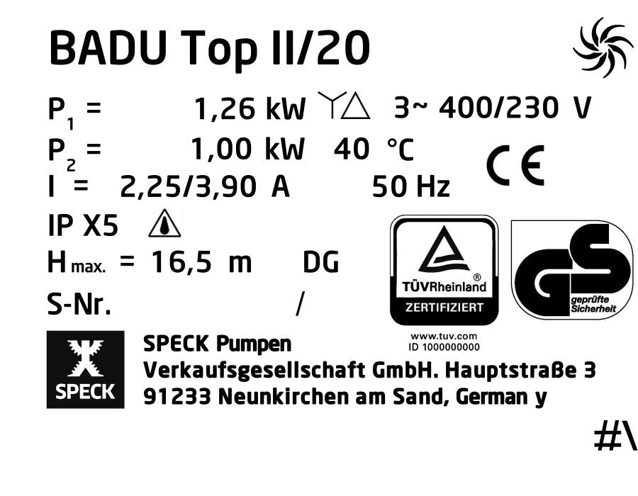 Speck Bettar / Badu Top 20 Pumpe 1,0kW 400V - 033048 - 0002190208137 - Pool Me Up