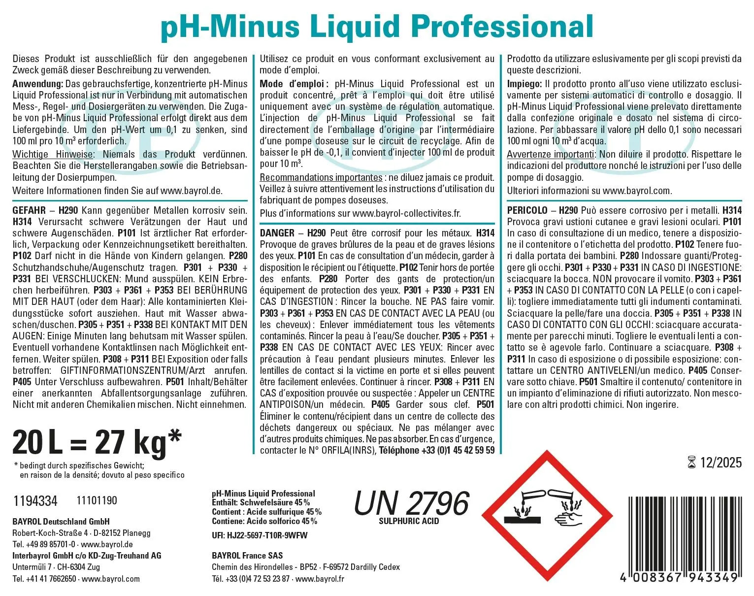 Bayrol pH-Minus liquid Professional 20 l / 27 kg - Pool Me Up