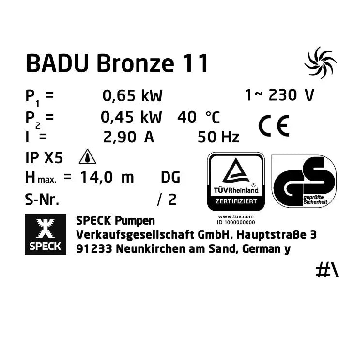 Speck Badu Bronze 11 Pumpe 0,45kW 230V Gbz 10